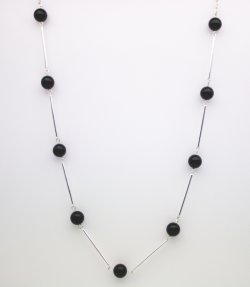 Necklace Onyx beads silver spacer bars