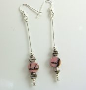 Earrings rhodonite discs with fancy silver beads on silver wire