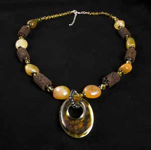 CARNELIAN LAVA STONE WOOD AND HEMATITE NECKLACE