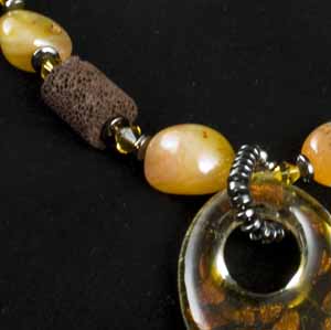 CARNELIAN LAVA STONE WOOD AND HEMATITE NECKLACE