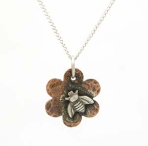 Small flower copper pendant stamped with bee